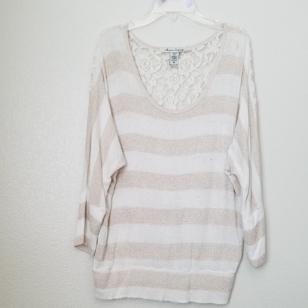 American Rag Cream and White Striped Lace Back Top
